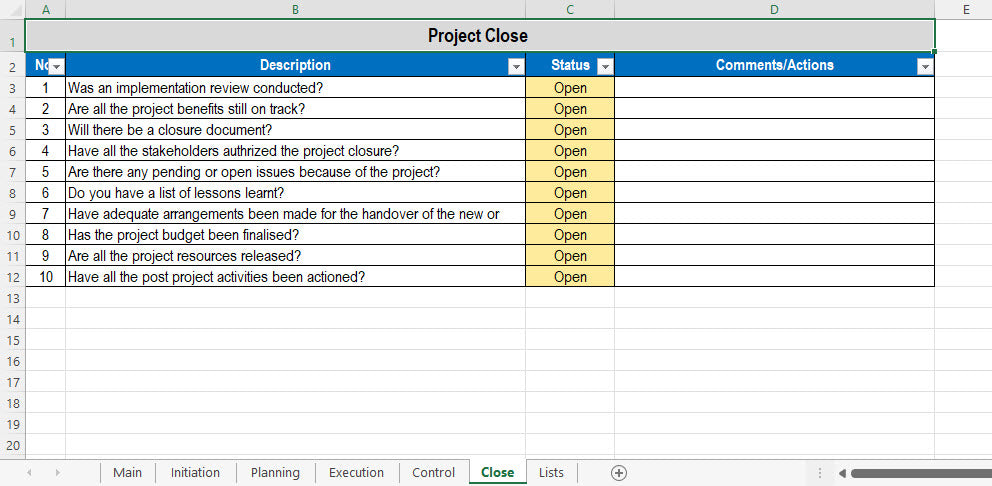 Excel Project Close