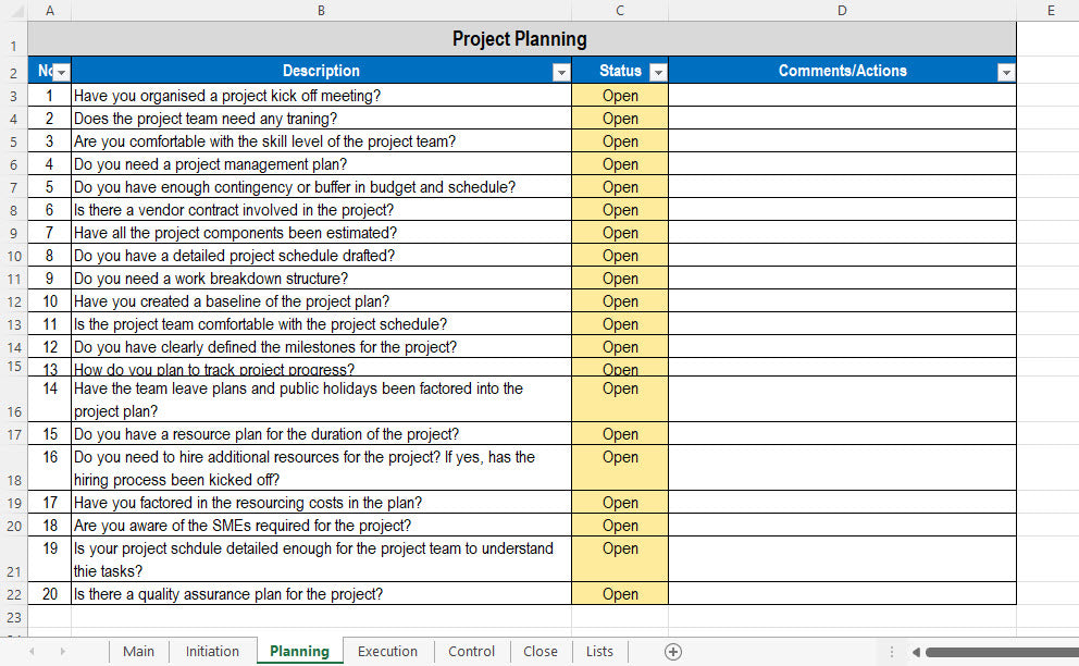 Excel Project Planning