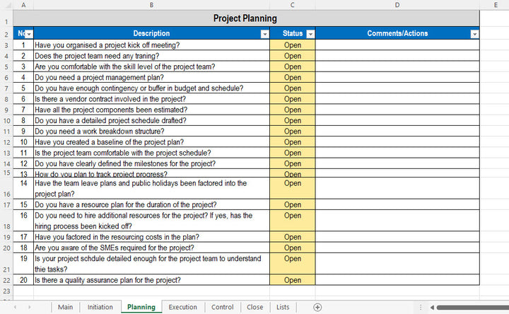 Excel Project Planning