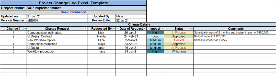 Project Change Log Excel Template