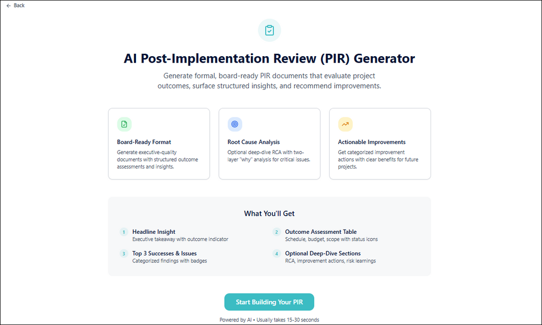 AI Post-Implementation Review (PIR) Generator