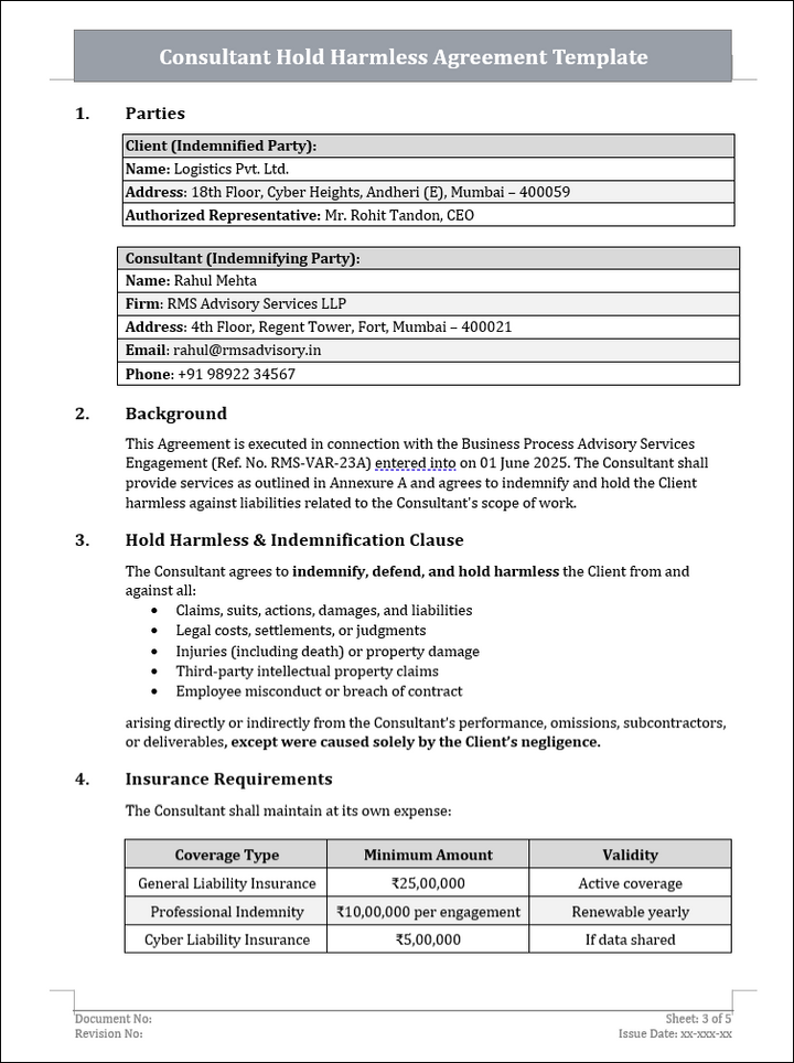 Consultant Hold Harmless Agreement Template Free Download 
