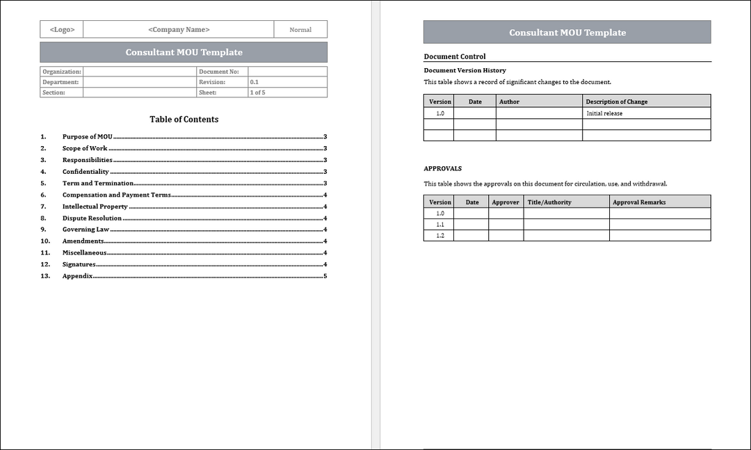 Consultant MOU Template Free Downloads