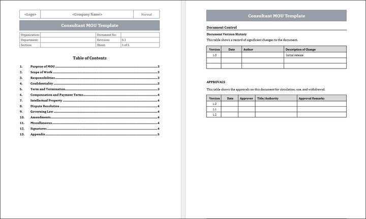 Consultant MOU Template Free Downloads