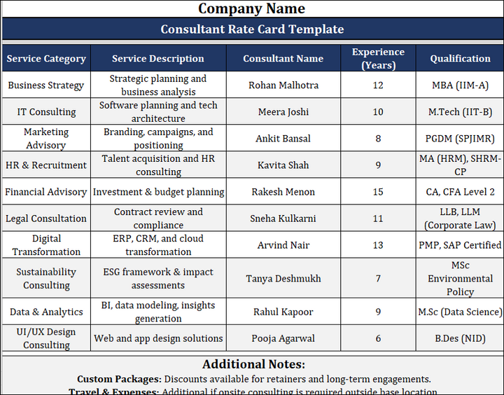 Consultant Rate Card Template
