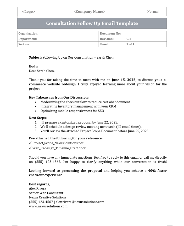 Consultation Follow up Email Template
