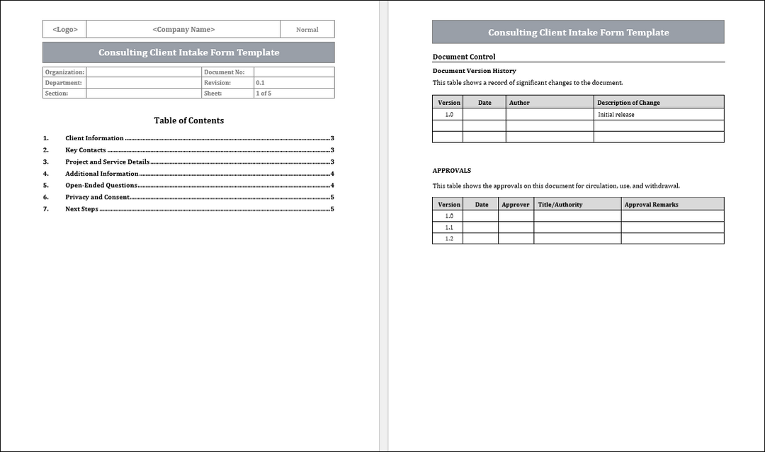Consulting Client Intake Form Template Free Download