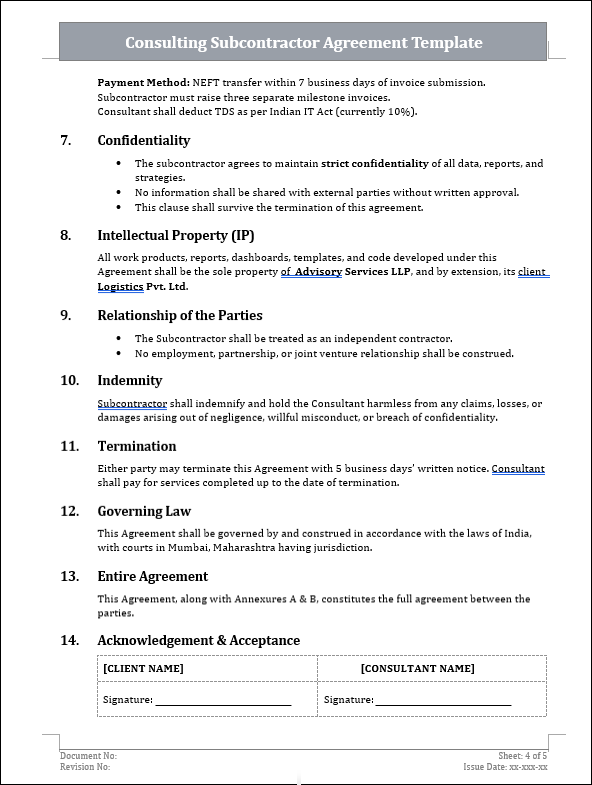 Consulting Subcontractor Agreement Template Free Download 