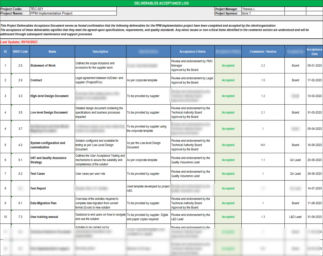 Deliverables Acceptance Log Template