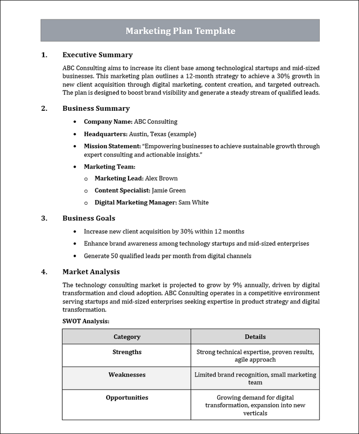 Marketing Plan Template Free Download
