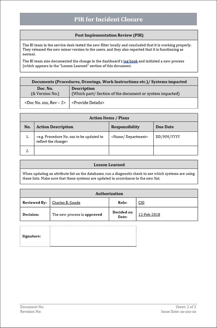 PIR for incident closure, incident closure,