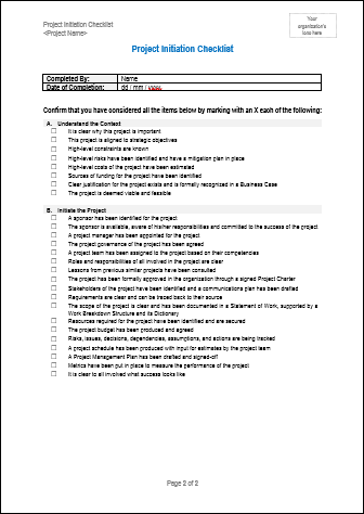 Project Jumpstart Pack- Project Initiation Checklist Template