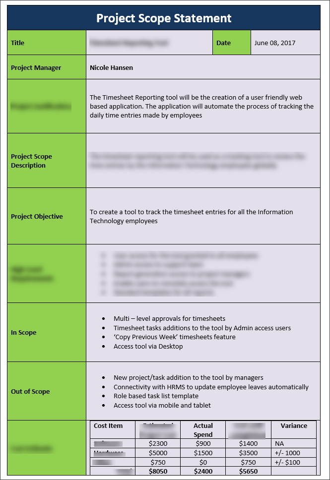 Project Scope Contents Project Scope Statement Template – Techno PM - Project Management ...