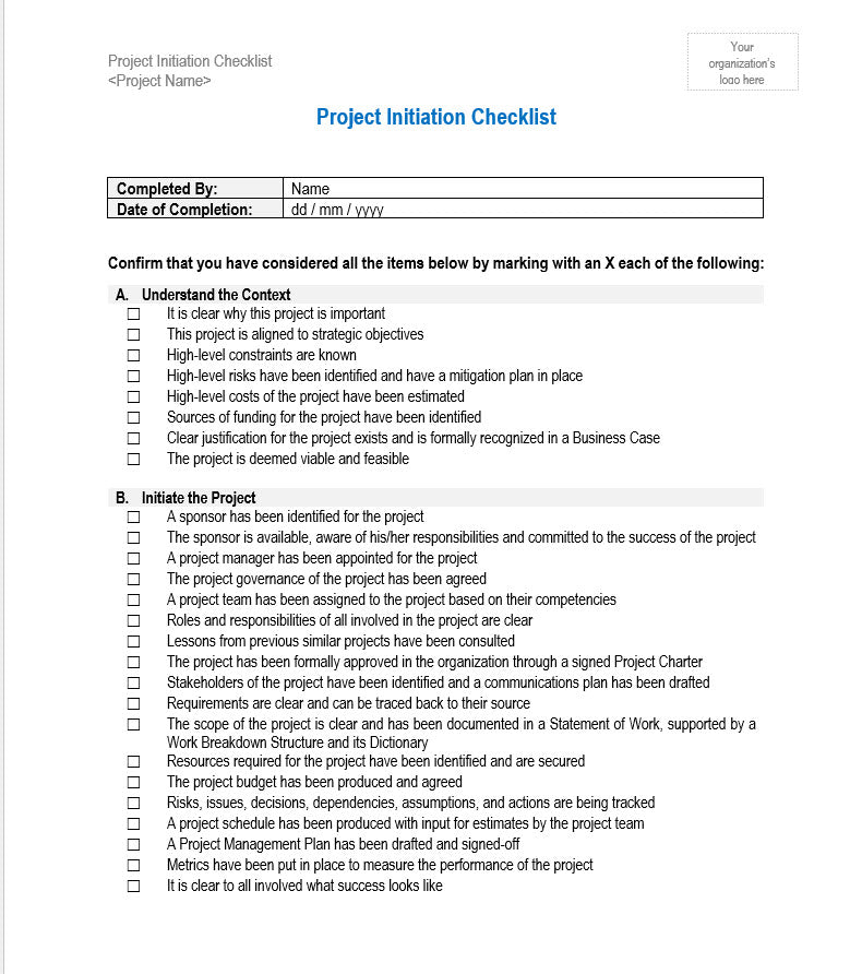 Project Starter Kit - Project Initiation Checklist