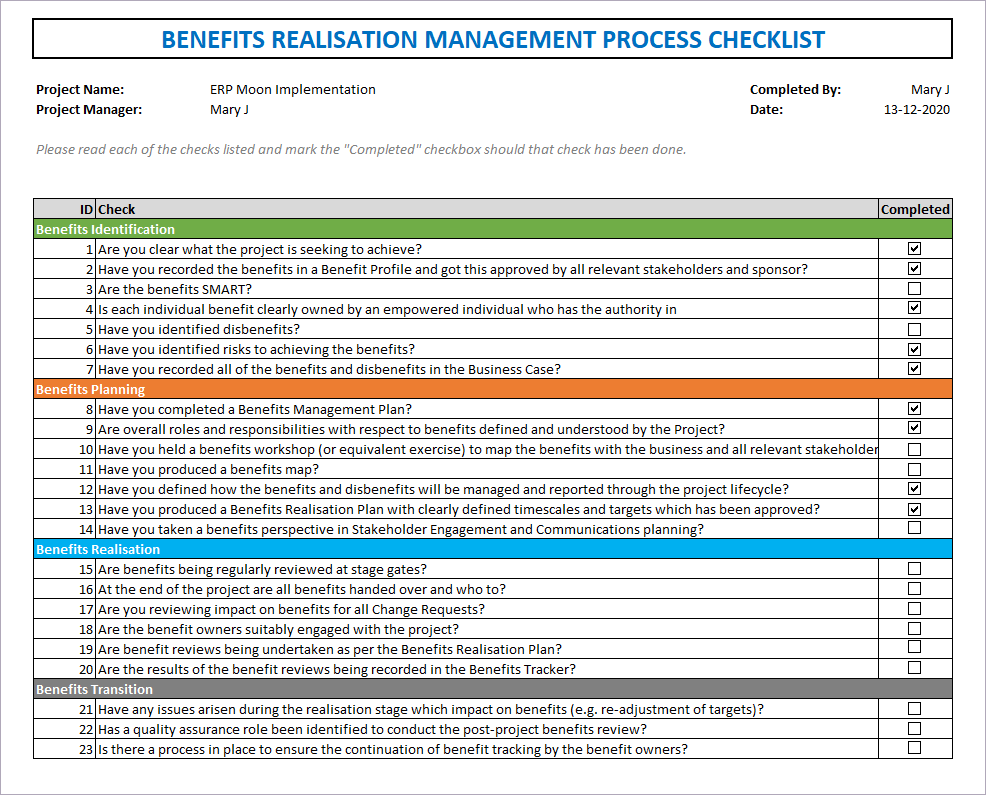 Benefit Realisation Management Process Checklist