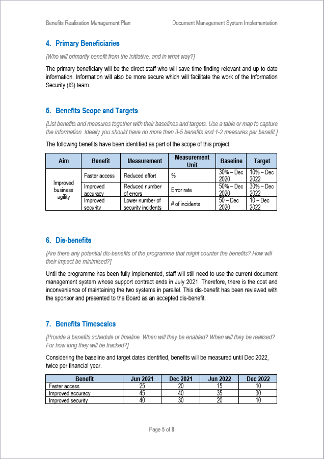 Benefit Realisation Management Plan Word Template