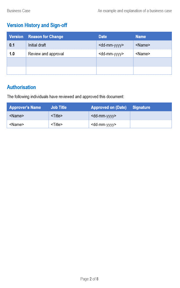 Business Case Word Template Version History