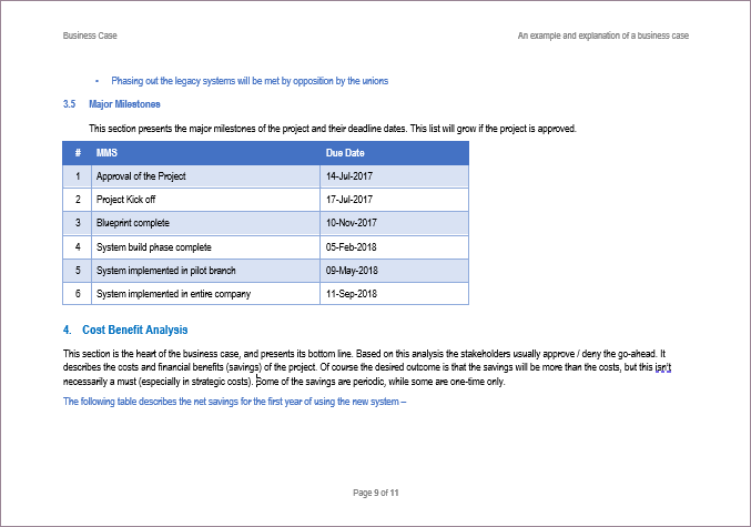 Milestones in Business Case Template