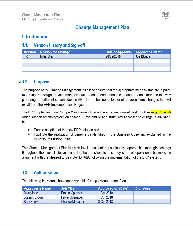 Change Management Implementation Plan Sample Change Management Plan Template – Techno PM - Project Management ...