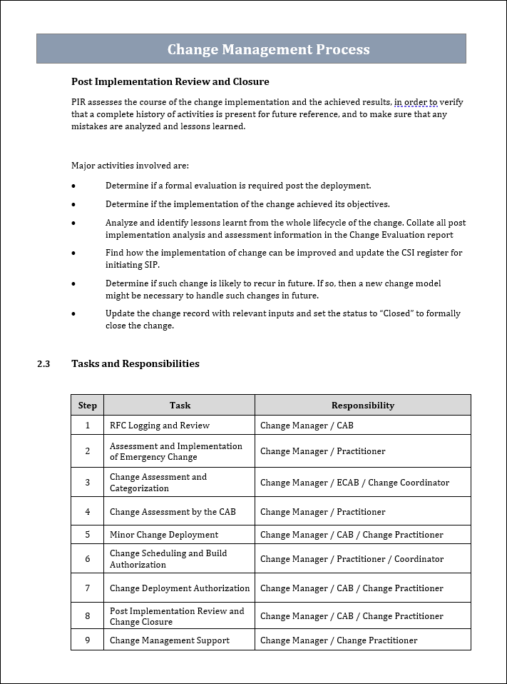 Change Management Task and Responsibilities