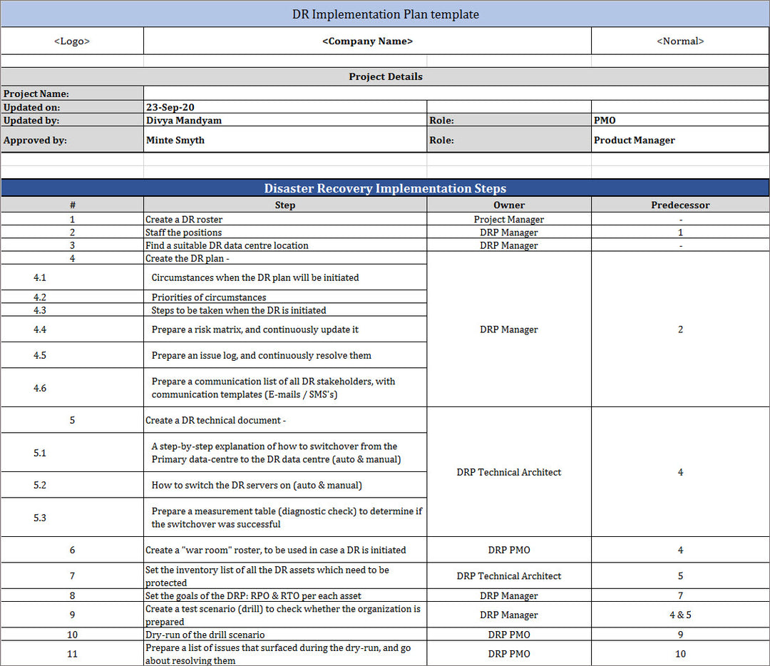 Implementation Plan Template Excel
