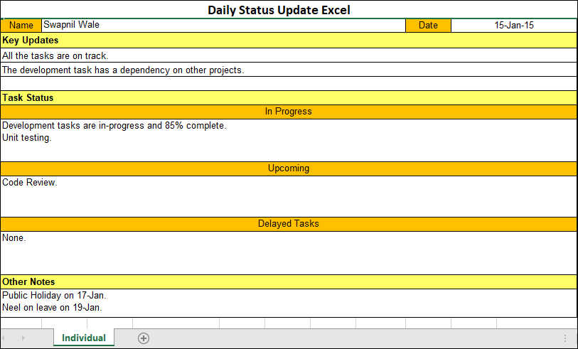 Daily Status Update Excel Template