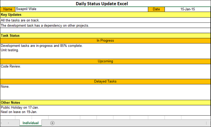 Daily Status Update Excel Template