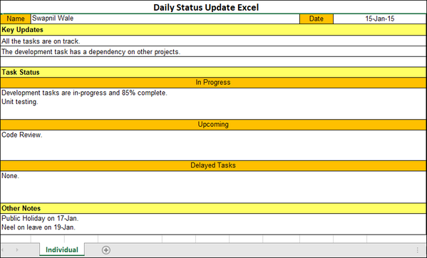 Daily Status Update Excel Template
