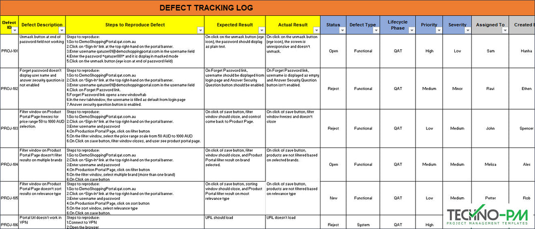 Defect Tracking Log