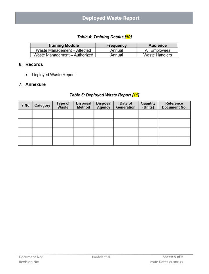 Deployed waste report, waste disposal