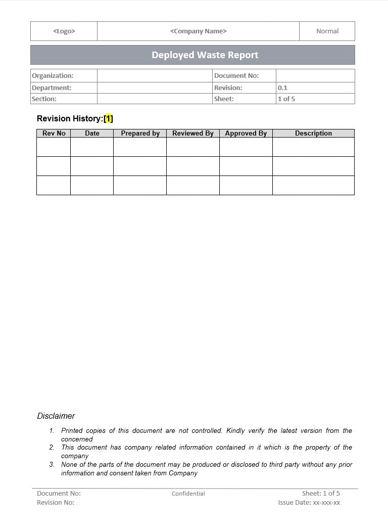 Deployed waste report, waste report