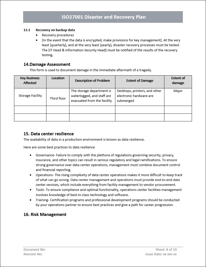 Disaster and recovery plan, Damage assessment form