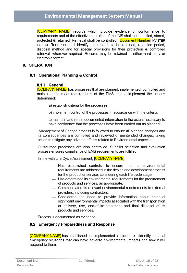 Environmental Management System Manual, operational planning and control