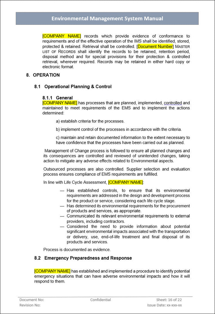 Environmental Management System Manual, operational planning and control