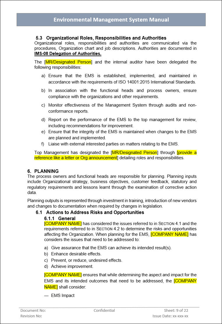 Environmental Management System Manual, Environmental Management System planning