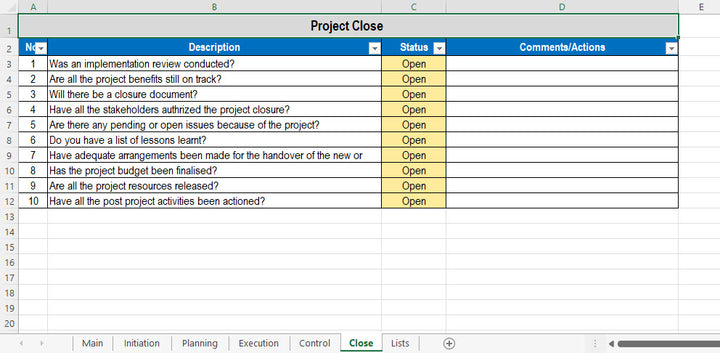 Excel Project Close