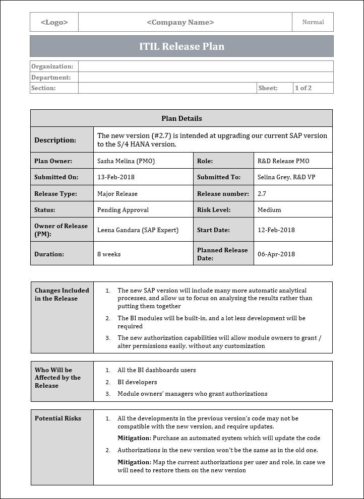 ITIL Release Plan Template