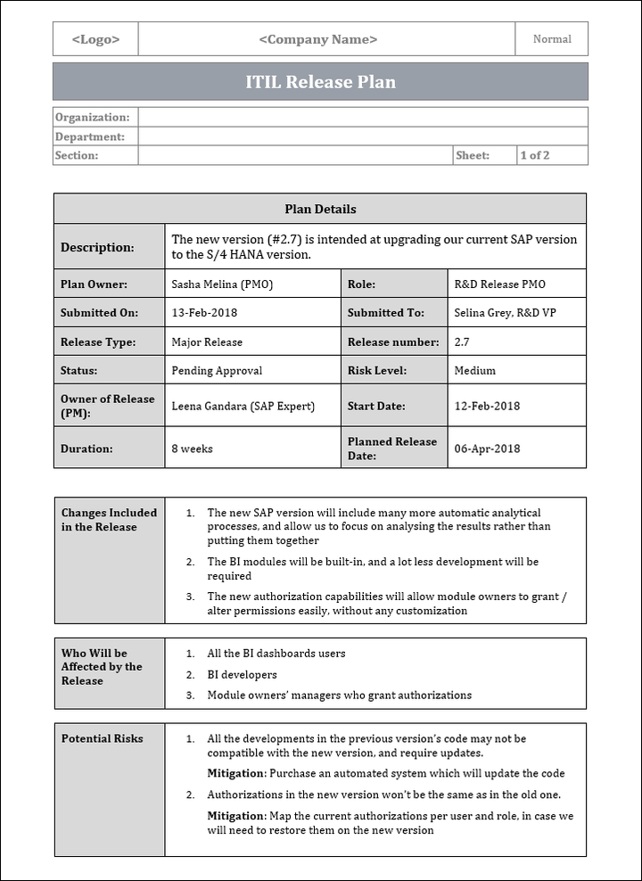 ITIL Release Plan Template