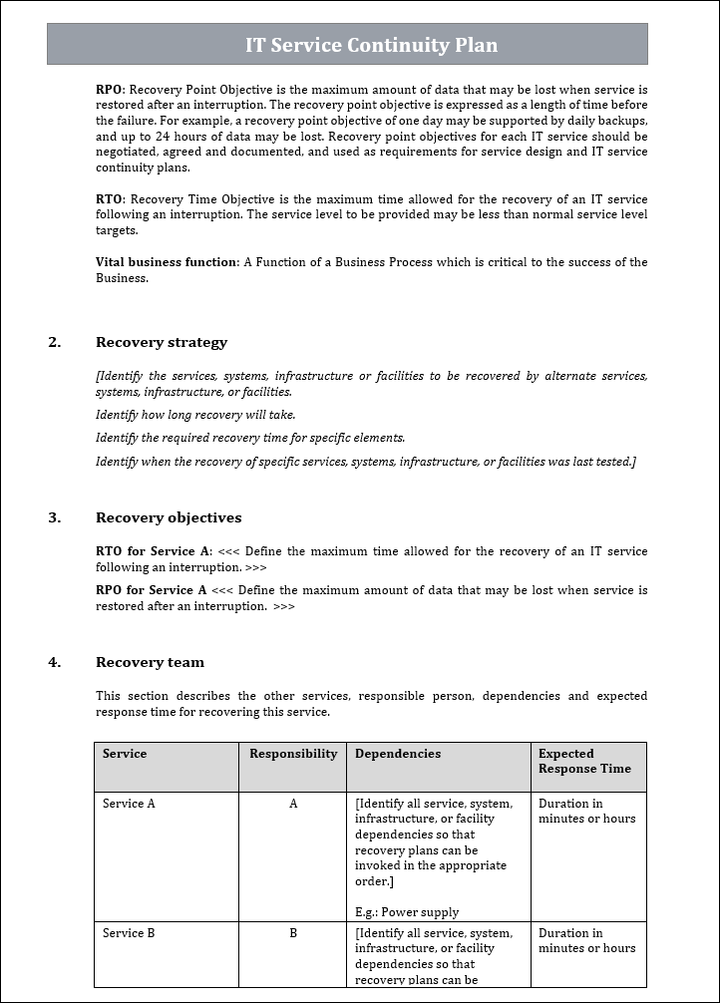 IT Service Continuity Plan, Service Continuity Plan