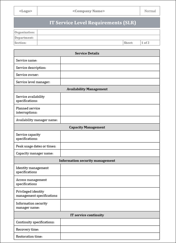 IT Service Level requirement Template, IT Service Level requirement 