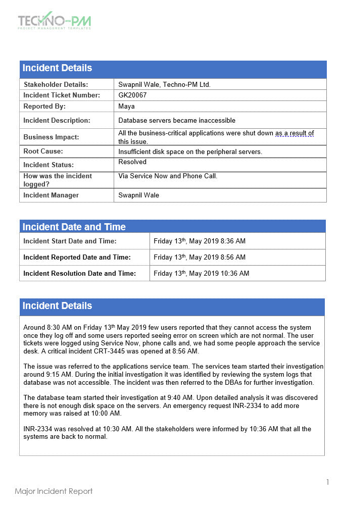 Major Incident Report