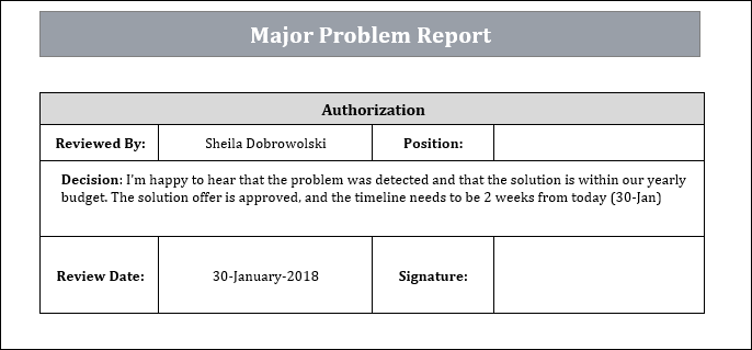 Major Problem Report Template