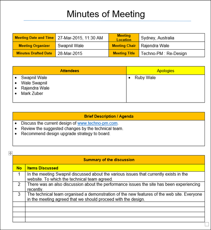 Minutes of Meeting Example, Minutes of Meeting Word Template