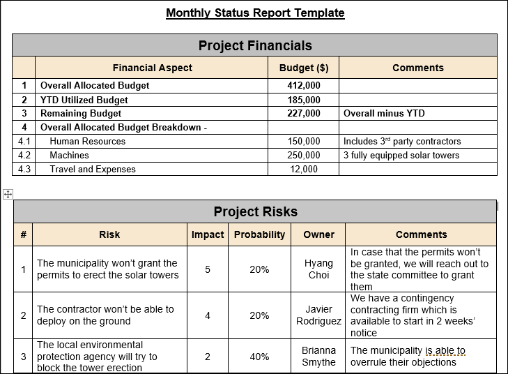 Monthly Status Report Template