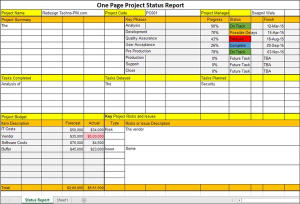 One Page Project Status Report