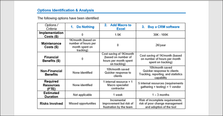 Options Analysis Word Example