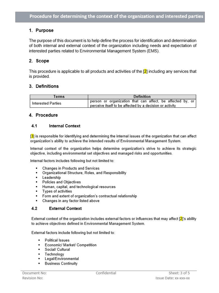 Procedure for determining context of organization and interested parties, organization context