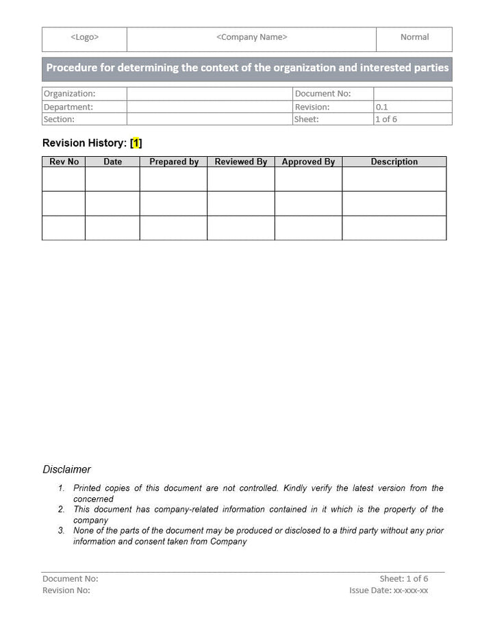 Procedure for determining context of organization and interested parties, organization context