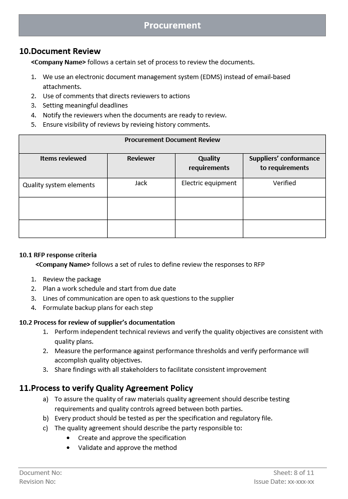Procurement Quality Agreement Policy