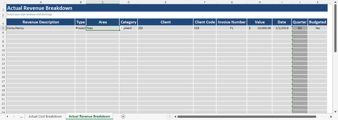 Project Budget Template Actual Revenue Breakdown